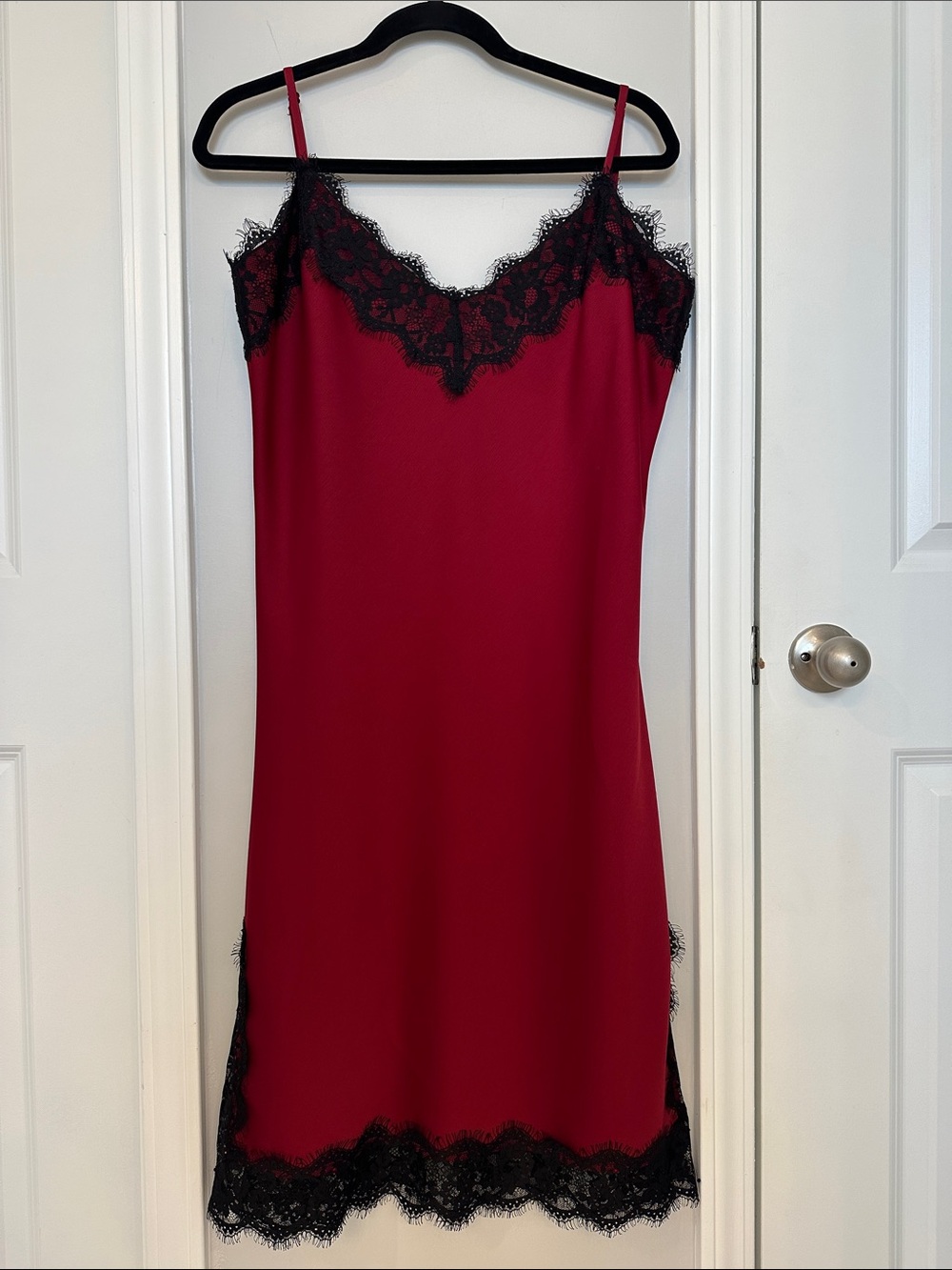 RUDSAK Red Slip Dress with Black Lace Trim